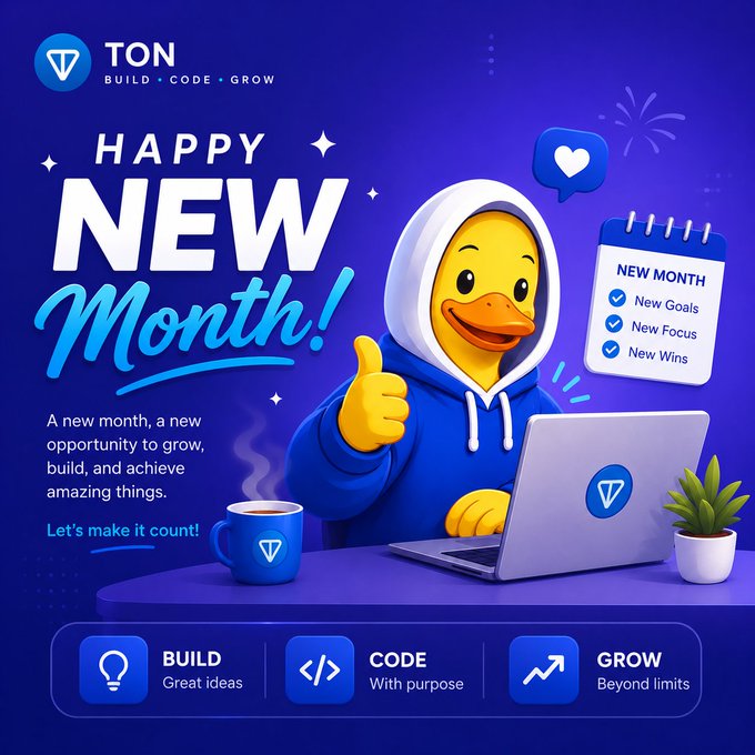 The image features a cartoon duck sitting at a desk with a laptop computer open in front of him. The background of the image is blue, which complements the overall color scheme of the post. The post includes text that reads "Happy New Month!" along with an illustration of a cartoon duck wearing a hoodie and giving a thumbs up. There are also several buttons on the post, including one labeled "Build" and another labeled "Code", suggesting that there might be some interactive elements or instructions related to building and coding. The image is accompanied by a caption that reads "Let's make it count! Your support means a lot."