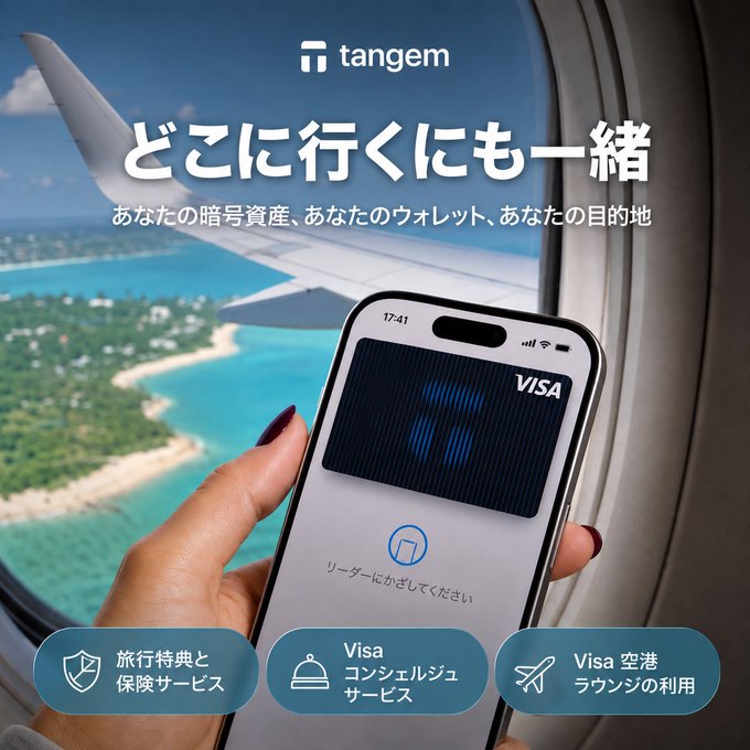 Tangem cryptocurrency wallet advertisement in Japanese featuring a Visa card held up against an airplane window view of a tropical beach, with text reading 'どこに行くにも一緒' (With you wherever you go).