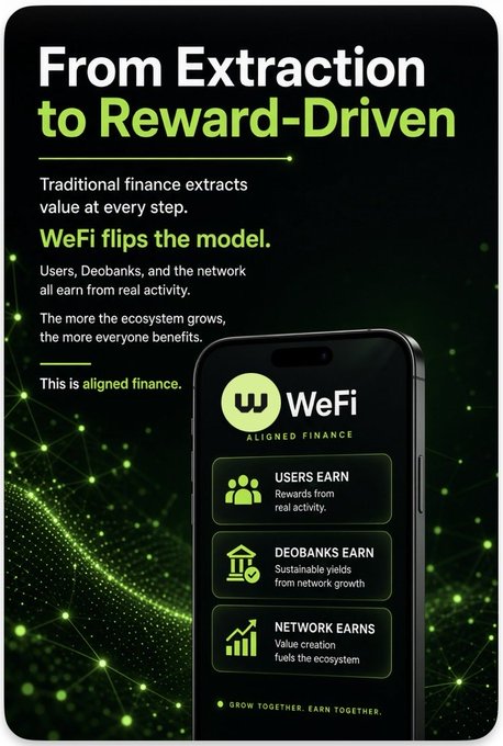 A promotional graphic for 'WeFi Aligned Finance' titled 'From Extraction to Reward-Driven' explains how users, Deobanks, and the network all earn from real activity, featuring a smartphone mockup.