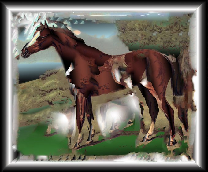 A digitally distorted image of a brown horse standing in a grassy field with trees, framed by a decorative border.