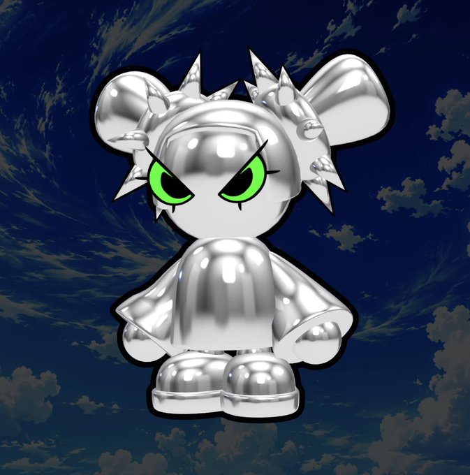 A silver, metallic 3D-rendered cartoon character with spiky ears and bright green eyes standing against a dark blue sky with clouds.