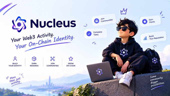 Promotional image for Nucleus, a platform with the tagline 'Your Web3 Activity. Your On-Chain Identity.', showing a 3D-rendered character with a laptop on a hilltop, highlighting features like building identity, earning rewards, and joining communities.