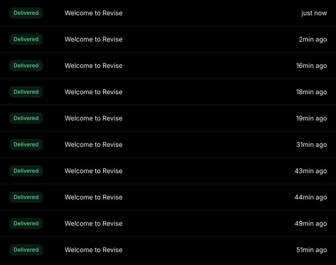 A screenshot of a message log showing multiple 'Welcome to Revise' notifications, each marked as 'Delivered' with timestamps ranging from 'just now' to '51min ago'.