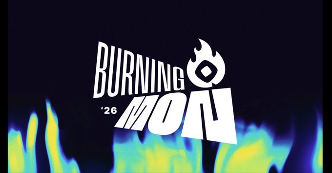 A logo graphic reading 'BURNING MOAI' with a flame icon in place of the 'A', set against a dark background with blue and green flames at the bottom and ''26' text.