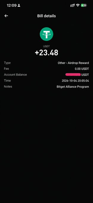 A mobile app screenshot shows a "Bill details" page for a USDT transaction of +23.48, categorized as "Other - Airdrop Reward" with 0.00 USDT fee and noted as "Bitget Alliance Program" on 2026-10-04.
