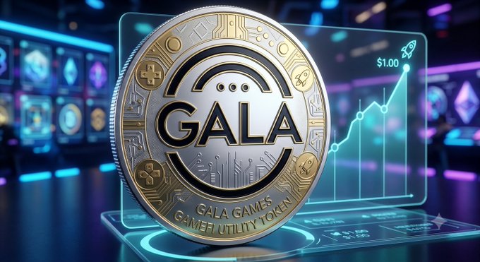 A digital rendering showcases a metallic GALA Games utility token alongside an upward-trending price chart approaching the "$1.00" mark, visually representing the coin's proximity to the $1 milestone mentioned in the post about its blockchain gaming ambitions. The futuristic neon-lit background reinforces the GameFi and crypto gaming narrative.