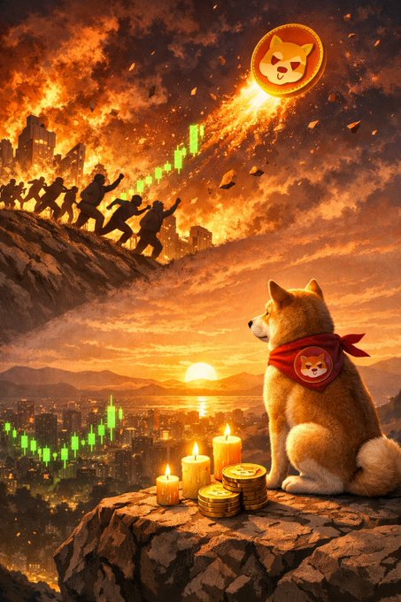 The image features a Shiba Inu dog sitting on top of a rock, looking out at an urban cityscape with buildings and people below. The caption for this image reads "The loudest accounts usually arrive after the move. The patient ones are already in position." This could be interpreted as a reference to the popular saying that "slow and steady wins the race," where patience is key when it comes to achieving success or gaining an advantage over others. In this case, the Shiba Inu dog represents patience, while the urban cityscape symbolizes the fast-paced nature of modern life. The image also includes a coin flying through the air above the dog and a candle on the rock, which could be interpreted as symbols of power or wealth in the context of the post.