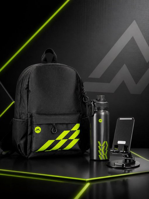 The image displays an MGBX promotional merchandise bundle featuring a black backpack, black thermos/water bottle, and phone stand, all accented with the distinctive green MGBX logo and diagonal stripe design against a dark background with matching green geometric lighting.

This image directly relates to the post as it showcases the exact giveaway prizes mentioned — the "双肩包 + 保温杯 + 手机支架" (backpack + thermos + phone stand) three-piece set that 5 winners will receive from #MGBX.