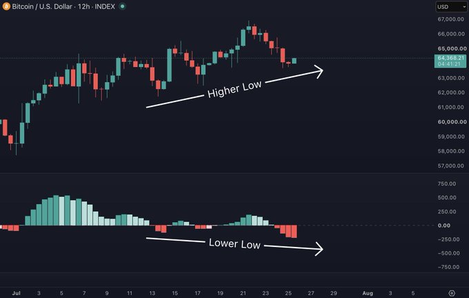A Bitcoin/USD 12-hour chart showing price action forming a "Higher Low" while the MACD histogram below forms a "Lower Low," illustrating the hidden bullish divergence described in the post. Current price is marked at 64,388.21 USD, with the timeframe spanning early July into early August.