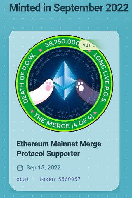 An Ethereum Mainnet Merge Protocol Supporter NFT titled 'THE MERGE [4 OF 4]', minted September 15, 2022 on xDAI (token 5660957), featuring cat paws and the Ethereum logo.