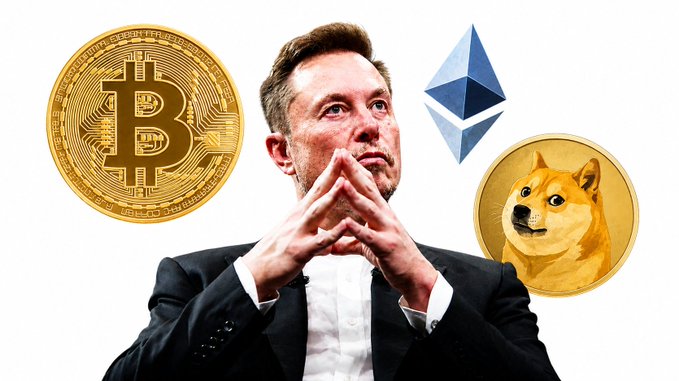 The image features a man dressed in a suit, with his hands folded together in front of him. The background includes two gold Bitcoins, one larger than the other, as well as an Ethereum token. There are also two dog heads depicted on the right side of the image.