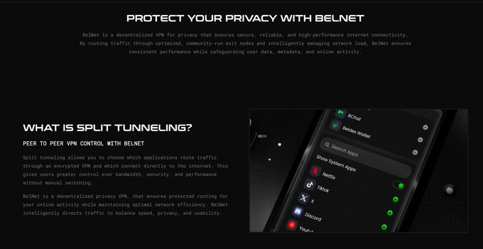 A dark-themed informational graphic about BelNet VPN titled 'PROTECT YOUR PRIVACY WITH BELNET' explaining peer-to-peer VPN control and split tunneling, with a smartphone mockup showing app selection toggles.