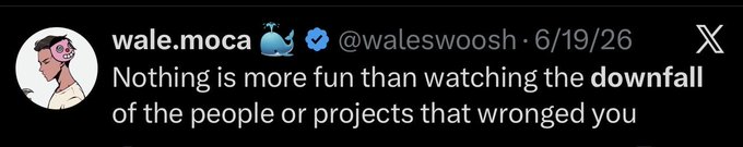 A screenshot of a tweet from user "wale.moca" (@waleswoosh) dated 6/19/26 that reads, "Nothing is more fun than watching the downfall of the people or projects that wronged you," paired with a simple "gm" reply to express a snarky morning greeting.