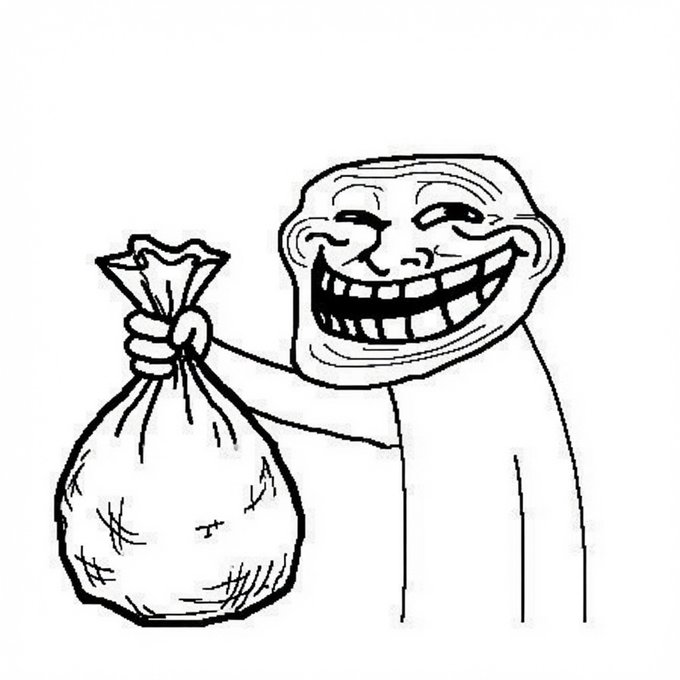 A line drawing of the classic "Trollface" meme holding up a tied sack, paired with the caption mocking someone interested in buying the "$CASHCAT" token by comparing them to a troll putting a cat in a bag. The image humorously depicts the troll scheming to offload a worthless "bag" onto a unsuspecting buyer.