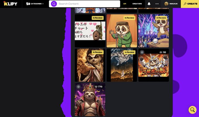 A Klipy website homepage displaying a grid of various sloth character thumbnails marked 'In Review', with navigation options including Categories, Search, API, Creators, and a Create button.