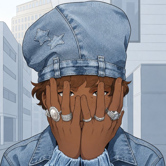 A stylized illustration shows a person wearing a light blue denim cap with star patches and a matching denim outfit, covering the lower half of their face with both hands adorned in large statement rings, set against a muted cityscape background. The image visually echoes the post's theme of protecting or concealing identity, aligning with @quipnetwork's emphasis on continuity and a future where identity is a core philosophical focus rather than just a copied feature.