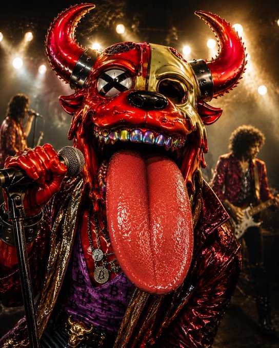 A grotesque red and gold demon mask with horns, an oversized tongue, and sharp fangs dominates the foreground, while rock musicians perform on a dimly lit stage behind it, fitting the "Bullbears Rise" theme of monstrous, exaggerated market imagery tied to Happy Mutant Monday.