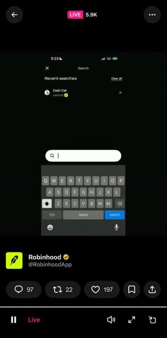 A live stream screenshot of the Robinhood (@RobinhoodApp) Twitter account with 5.9K viewers, showing a search for 'Cash Cat' on a mobile keyboard.