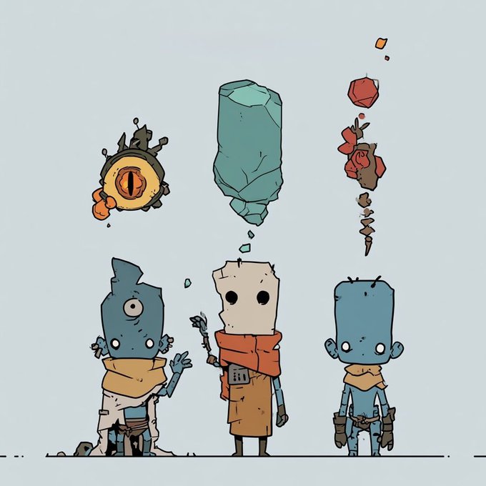 Three stylized characters stand in a row beneath floating objects—a fiery orb, a floating boulder, and a small red plant—against a pale background, evoking a whimsical NFT collection aesthetic that visually ties into the post's mention of holders earning $waste tokens through a crypto project.