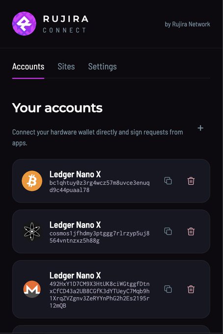 A screenshot of the Rujira Connect interface by Rujira Network, showing the 'Accounts' tab with three connected Ledger Nano X hardware wallets listed with their associated addresses for Bitcoin, Cosmos, and Monero.