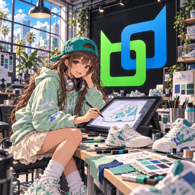 An anime-style illustration depicts a brown-haired girl wearing a green cap and hoodie, working on a sneaker design at a digital tablet with a "U" shaped logo visible in the background.