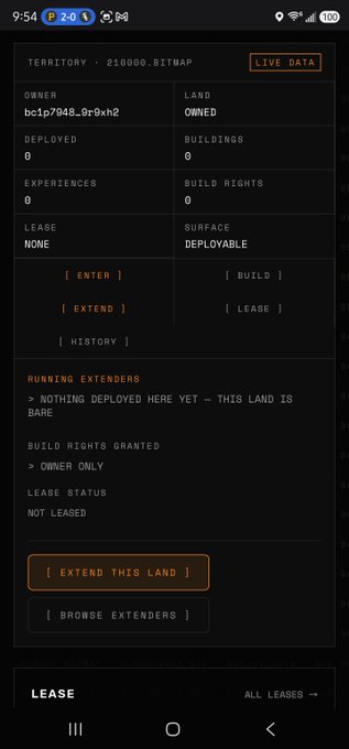 Screenshot showing live data for Territory 210000, BITMAP, which is owned by bc1p7948...0r9kh2, with zero buildings, deployables, or experiences, and options to enter, extend, build, or lease the land.