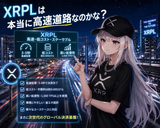 An anime-style promotional image features a character in an XRP cap and shirt pointing to information about XRPL (the XRP Ledger) being a 'highway to the future' with features like 3-5 second processing and low cost.