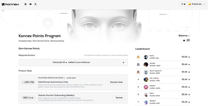 The screenshot displays the Konnex Points Program dashboard showing a balance of 10 points and a notification that "Great job! 10 KP added to your balance," along with available tasks like holding Konnex Autonomous Units and completing a Testnet Onchain Onboarding weekly quiz for points. A leaderboard on the right ranks top users like Kason, seyster, Quynhnguyen-2, CR_VULTRY, and NaSaSe with scores ranging from 55.3K to 55.5K, illustrating the platform's gamified task-completion system tied to the AI/robot job marketplace ecosystem described in the post.