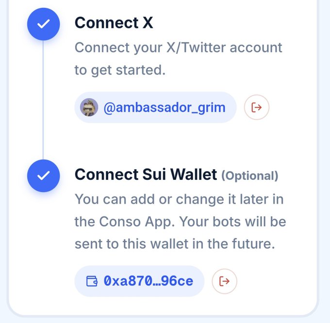 A Conso onboarding screen shows completed connections for X/Twitter account “@ambassador_grim” and the optional Sui Wallet “0xa870...96ce.” It illustrates the accompanying post’s note that users can now connect a Sui Wallet via @conso_xyz.