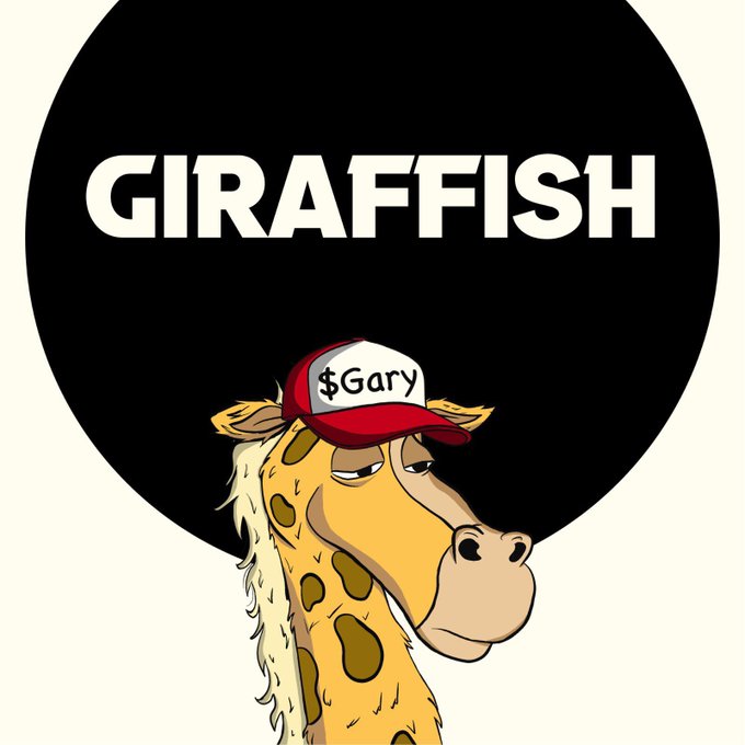A cartoon giraffe wearing a red cap labeled "$Gary" appears beneath the bold text "GIRAFFISH," visually representing the slang "giraffish"—meaning an extremely bullish or confident outlook—used to describe the poster's optimism about their own project amid a bearish stance on Bitcoin and Solana.