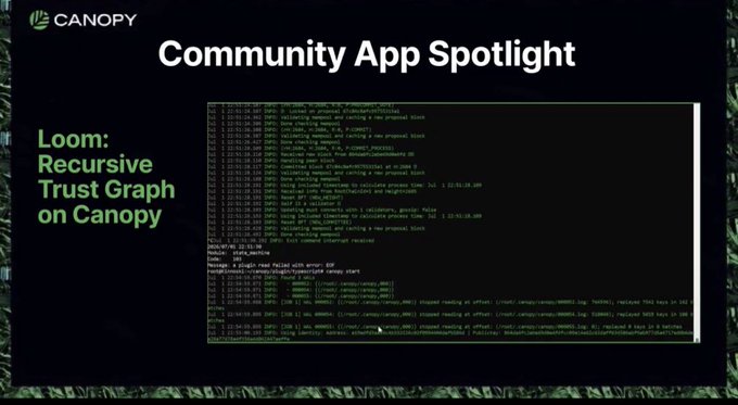 A presentation slide titled 'Community App Spotlight' highlighting 'Loom: Recursive Trust Graph on Canopy,' featuring a screenshot of terminal output with code and processing messages.