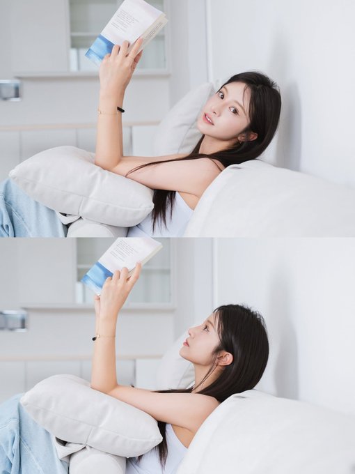 Two photos show a young woman lying on a white sofa, holding a blue and white product box above her face while wearing a white tank top.