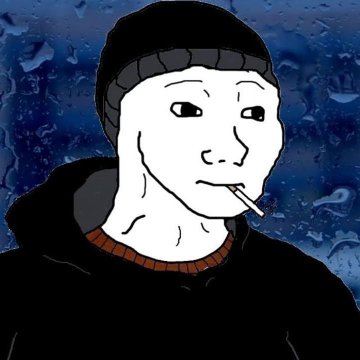 A Wojak-style meme illustration depicting a character wearing a black beanie and smoking a cigarette against a rainy blue background.
