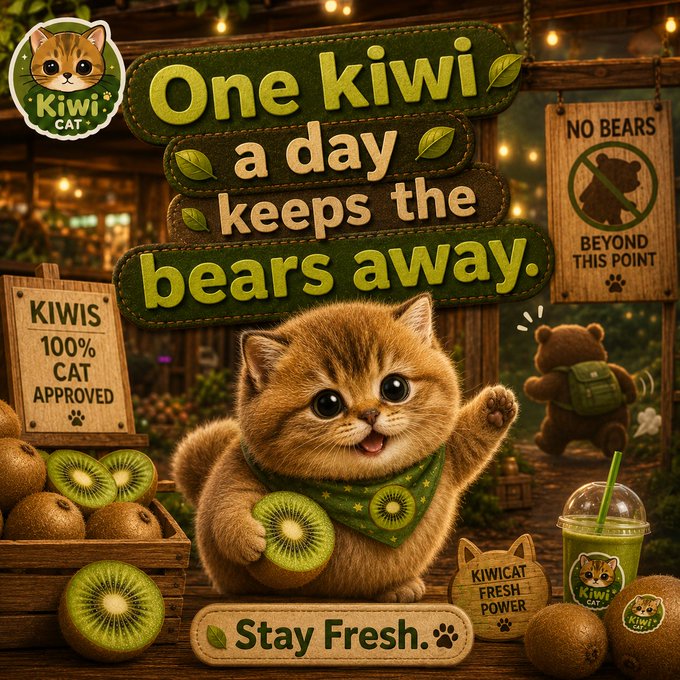 A colorful promotional graphic featuring a cute kitten holding a kiwi with text reading 'One kiwi a day keeps the bears away' and 'Kiwi Cat' branding.