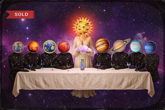 Surreal artwork marked 'SOLD' in the corner, depicting figures in black suits with planets (Earth, Mars, Jupiter, Saturn, Neptune, Uranus) for heads seated at a dinner table, with a central figure whose sun-like head has multiple eyes.