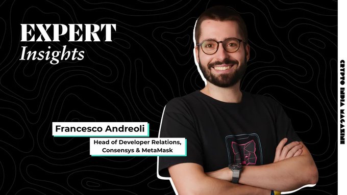 A promotional "Expert Insights" graphic featuring Francesco Andreoli, Head of Developer Relations at Consensys & MetaMask, smiling with arms crossed against a dark topographic background, with the Crypto India Magazine logo on the side. The image serves as a header introducing his expert commentary on building secure agentic crypto systems by limiting blast radius and enforcing policy server-side rather than relying on AI agents to be foolproof.