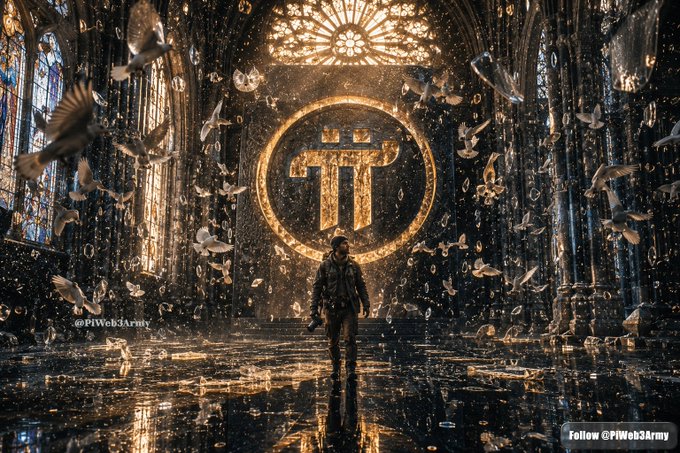 A cinematic image shows a man walking through a grand cathedral-like hall filled with white doves and golden light, facing a large glowing golden Pi Network (π) symbol on the wall.