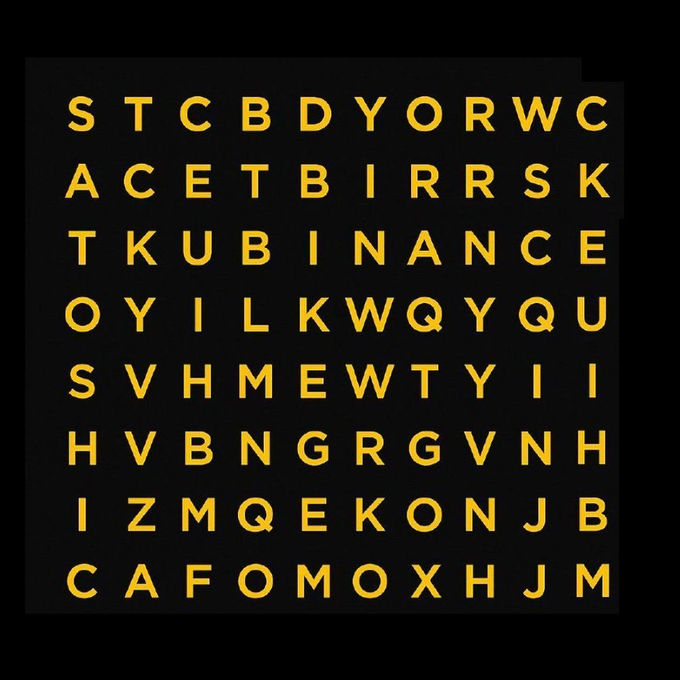 The image displays an 8x10 grid of uppercase letters on a black background, featuring the word "BINANCE" prominently spelled out horizontally in the third row. This letter matrix serves as a word search puzzle, inviting viewers to locate Web3-related terminology hidden within the jumbled arrangement of characters.