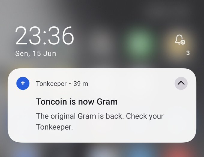 The image shows a phone screen with an email notification from Toncoin. The message reads "Toncoin is now Gram, check your tonkeeper." This indicates that Toncoin has released a new coin, and users should verify their account information before using the new coin.