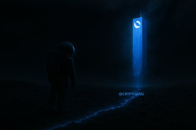 An astronaut stands alone on a darkened, cracked surface gazing toward a towering monolith illuminated in blue light and bearing the Terra Luna (LUNC) emblem, visually echoing the message that only those who follow the light of $LUNC through the darkness can reach the tower. The watermark "@CRYPTOANU" appears near the base of the tower.