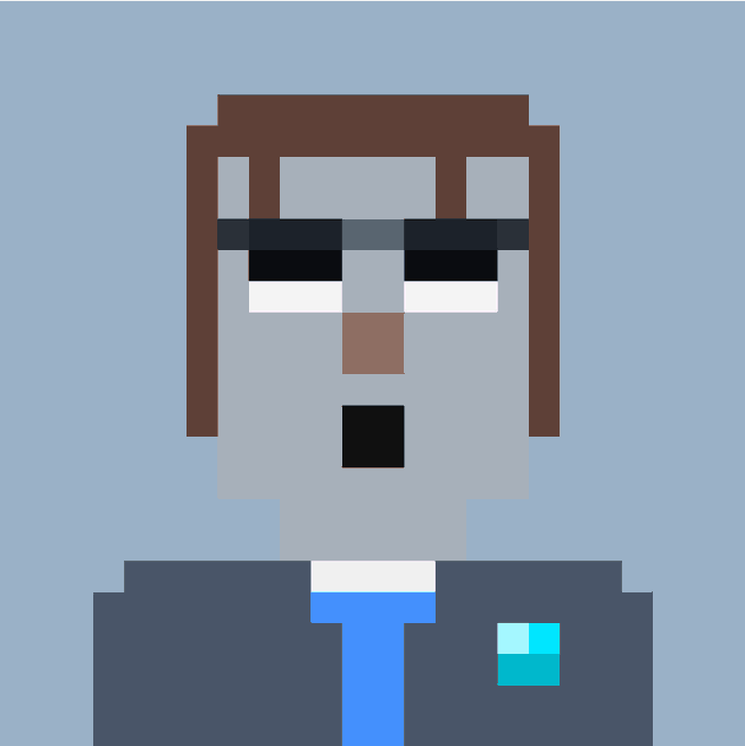 A pixel art avatar depicts a figure with brown hair, sunglasses, and a dark blue suit over a blue shirt, set against a solid light blue background.
