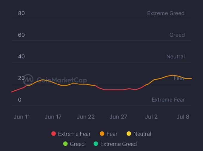 A CoinMarketCap crypto fear and greed index chart from June 11 to July 8, with the line remaining mostly in the 'Extreme Fear' and 'Fear' zones.