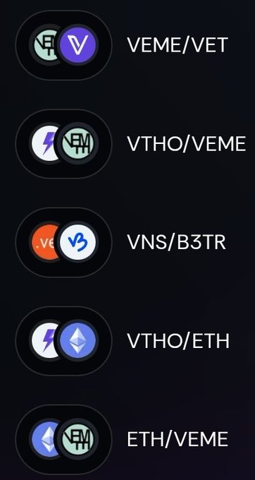 A cryptocurrency exchange interface displaying various token trading pairs including VEME/VET, VTHO/VEME, VNS/B3TR, VTHO/ETH, and ETH/VEME.