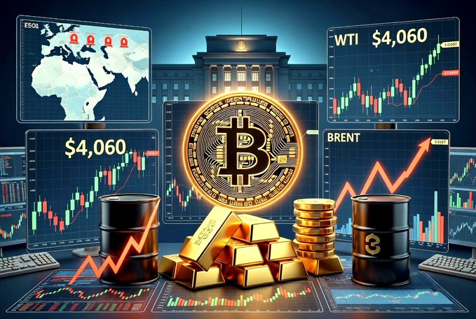 A financial graphic displays a large Bitcoin coin surrounded by gold bars and oil barrels, with monitors showing stock charts and prices like 'WTI $4,060' and 'BRENT'.
