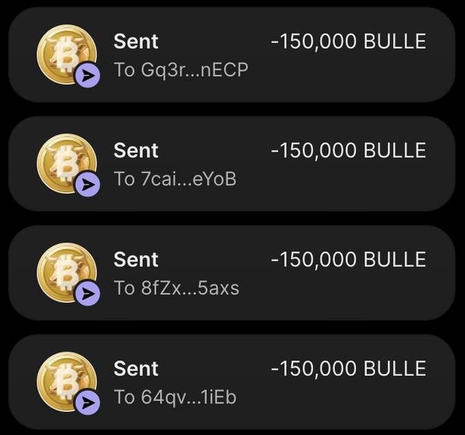 The screenshot shows four transactions of -150,000 BULLE sent to different Solana addresses (Gq3r...nECP, 7cai...eYoB, 8fZx...5axs, 64qv...1iEb), which appear to be supporting evidence for a BULLE airdrop claim promising 150k tokens to the first 555 wallets that share their Solana address.