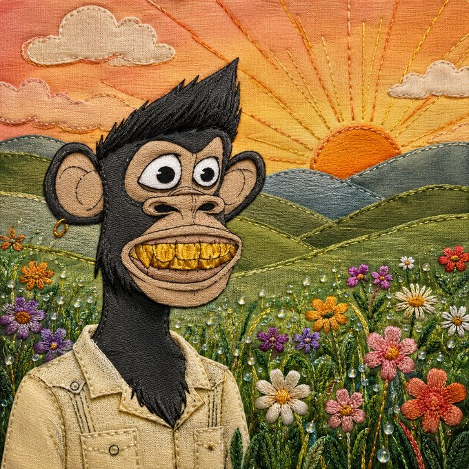 An embroidered fabric artwork of a Bored Ape Yacht Club-style monkey with gold teeth and a gold earring, set against a stitched landscape of rolling green hills, flowers, and a sunset.