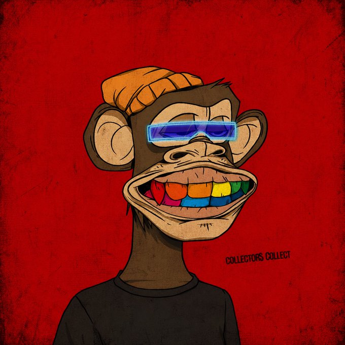 The image features a cartoon monkey wearing glasses, sunglasses, and a hat with an orange band around its neck. The monkey has a big smile and is holding a camera in one hand while wearing a black shirt. The background of the image is red, which contrasts with the colorful attire of the monkey. There are no other objects or texts present in the image.