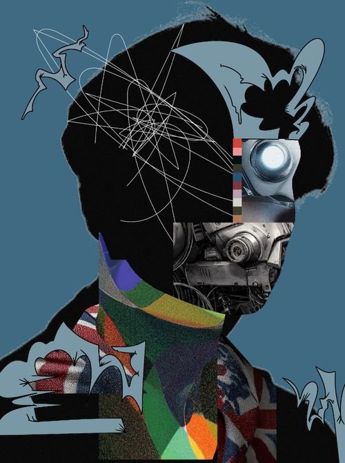 A surreal digital collage portrait of a figure with a half-robot face and chaotic scribbles in the mind, set against a blue background with graffiti-style accents—visually embodying the fragmented, artistic energy of "R3ORDR = ART."