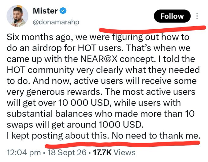 The image shows a tweet from "Mister" (@donamarahp), CEO of HOT, dated September 18, 2026, announcing that the NEAR@X airdrop concept will reward active HOT users with over $10,000 USD for top users and around $1,000 USD for those with substantial balances who made more than 10 swaps. The post's red underlines emphasize the tweet's date, reach (17.7K views), and his characteristic sign-off "No need to thank me," reinforcing the narrative about a potentially lucrative upcoming $HOT airdrop.
