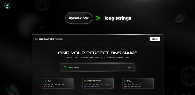 A screenshot of the **BNS Marketplace** webpage, a platform for buying and selling premium BNS (Beldex Name Service) names, featuring a search bar to find .bdx domains and options to Buy, Peer to Peer, or Sell names. The header showcases an example registration: the human-readable "ifycalex.bdx" name displayed alongside its corresponding "long strings" wallet address, illustrating the user-friendly naming system that BNS provides for the BeldexCoin ecosystem.